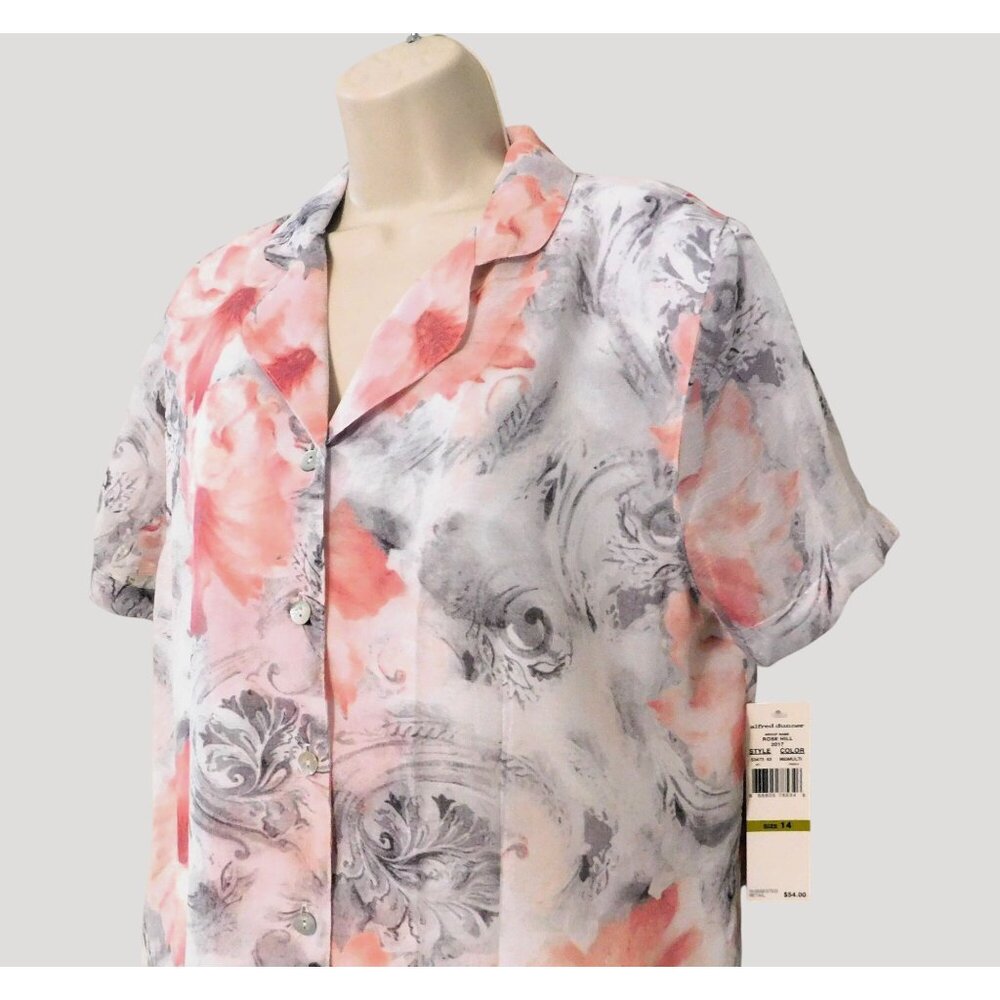 Alfred Dunner Womens Blouse Size 14 Pink Gray White Floral Short Sleeve Button - Picture 2 of 7